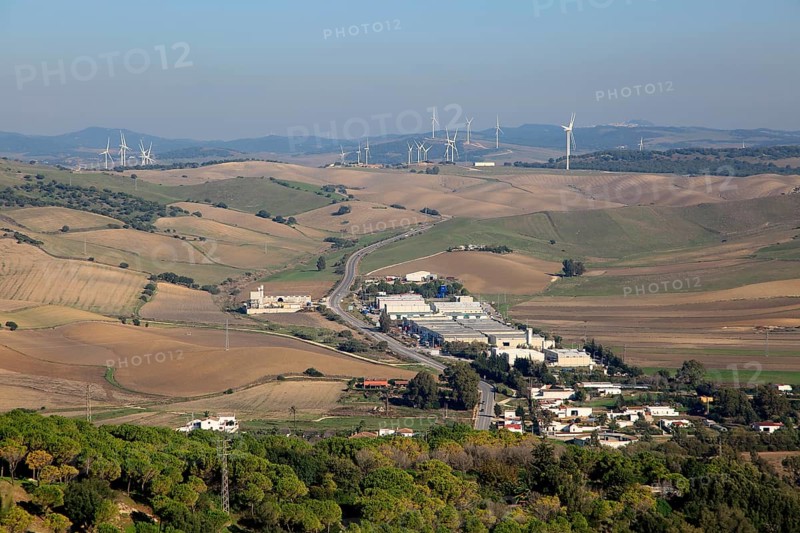 View over countryside and wind turbines from Vejer de la Frontera, Cadiz province, Spain, Europe