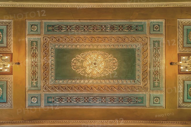 Decorative ceiling with a distinctive chandelier and golden decorations, Schachtrupp Villa, Lost Place, Osterode am Harz, Lower Saxony, Germany, Europe