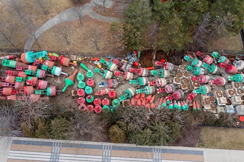 Detroit, Michigan, Navigational buoys stored at the U.S. Coast Guard station. The buoys mark the shipping channel from Saginaw Bay in Lake Huron through the St. Clair River, Lake St. Clair, and the Detroit River to Lake Erie. Many buoys are removed from the water and stored at the Coast Guard station for the winter