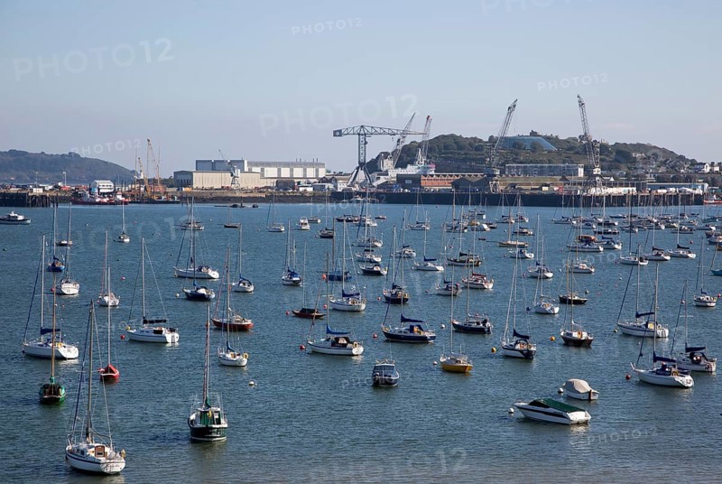Yachts at moorings port of Falmouth, Cornwall, England, UK