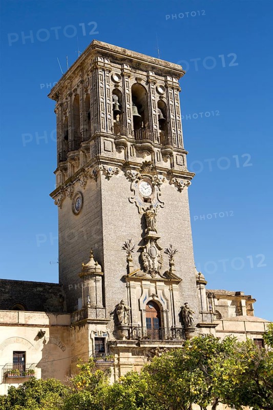 Tower of church Santa Maria de la Asuncion, Plaza del Cabildo, Arcos de la Frontera, Cadiz province, Spain, Europe