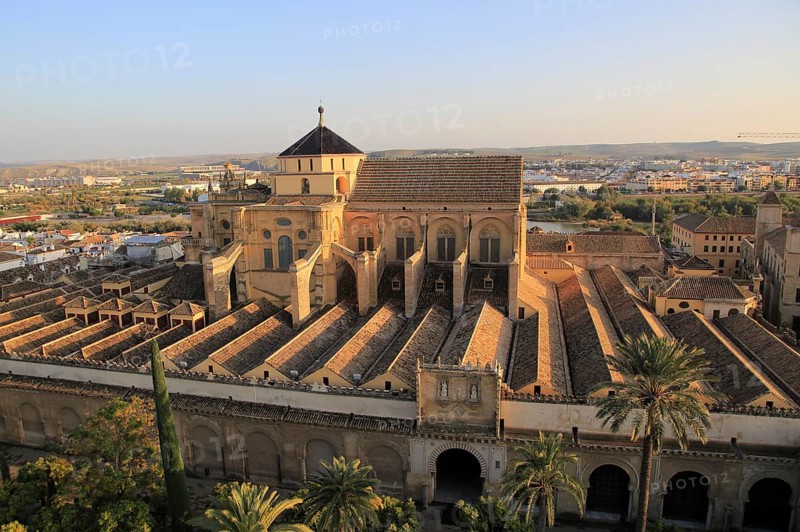 Raised angle view of Great Mosque, Mezquita cathedral, former mosque building in central, Cordoba, Spain, Europe