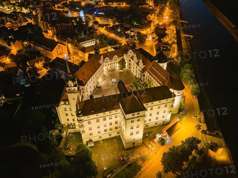 Hartenfels Castle from above, at dusk, Torgau, Saxony, Germany, Europe