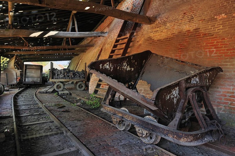 Rusty wagons with load of bricks near ring oven, kiln at brickworks, Boom, Belgium, Europe