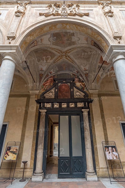 Exit portal in the courtyard of Palazzo Doria Spinola, former manor house from the 16th century, today prefecture, Genoa, Italy, Europe