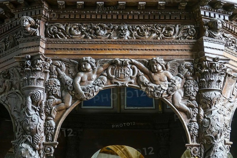 Renaissance-style carved canopy of the baptismal font, Enclos Paroissial enclosed parish of Guimiliau, Finistere Penn ar Bed department, Brittany Breizh region, France, Europe
