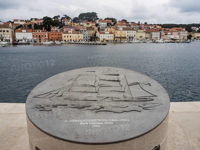 Relief of a sailing ship, memory of famous sailors, harbour of Mali Losinj, island of Losinj, Kvarner Gulf Bay, Croatia, Europe