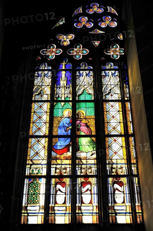 Church windows with Christian motifs, Heilig-Kreuz-Muenster, start of construction around 1315, Schwaebisch Gmuend, Baden-Wuerttemberg, Germany, Europe