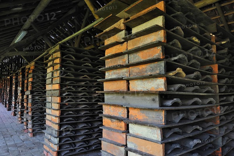 Drying yard with roof tiles in racks at brickworks, Boom, Belgium, Europe