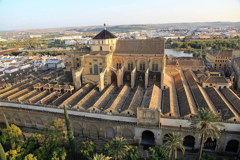 Raised angle view of Great Mosque, Mezquita cathedral, former mosque building in central, Cordoba, Spain, Europe