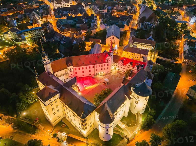 Hartenfels Castle from above, at dusk, Torgau, Saxony, Germany, Europe