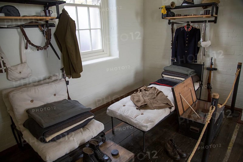 Inside historic barracks building at Pendennis Castle, Falmouth, Cornwall, England, UK