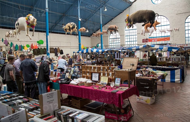 Flea market inside Market Hall building, Abergavenny, Monmouthshire, South Wales, UK