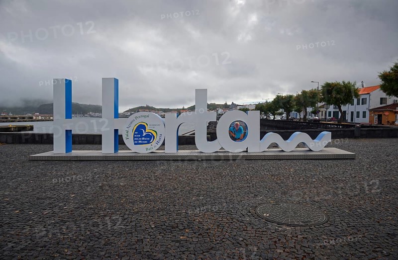 Lettering 'Horta' as a 3D sculpture in the public square of the harbour of Horta, Horta, Faial Island, Azores, Portugal, Europe