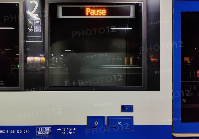 Break, illuminated sign on a local train at the main station in the evening, Duesseldorf, North Rhine-Westphalia, Germany, Europe