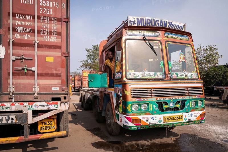 Lorry driver, parked lorries, Chennai, Tamil Nadu, India, Asia