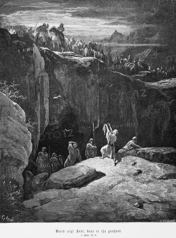 David shows Saul that he spared him, 1st Book of Samuel, chapter 24, mountain landscape, cave, army, weapons, mercy, spare, horses, rider, rock, Bible, Old Testament, historical illustration 1885
