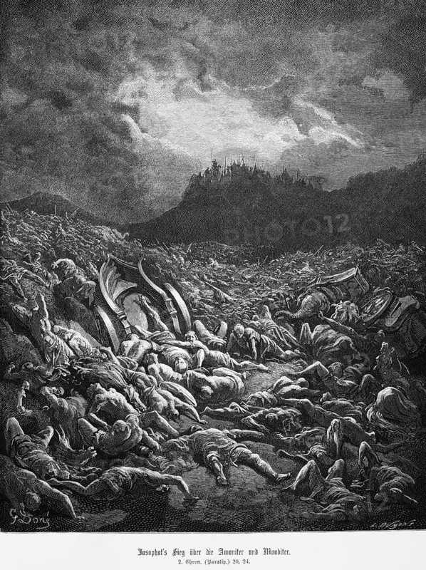 Josophat's victory over the Amonites and Moabites, 2nd Book of Chronicles, battlefield, battle, dead, wounded, dark, cruelty, chariots, Bible, Old Testament, historical illustration
