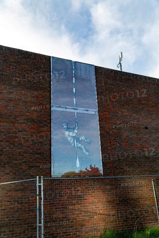 Banksy artwork of prisoner escaping on walls of Reading jail, Reading, Berkshire, England, UK
