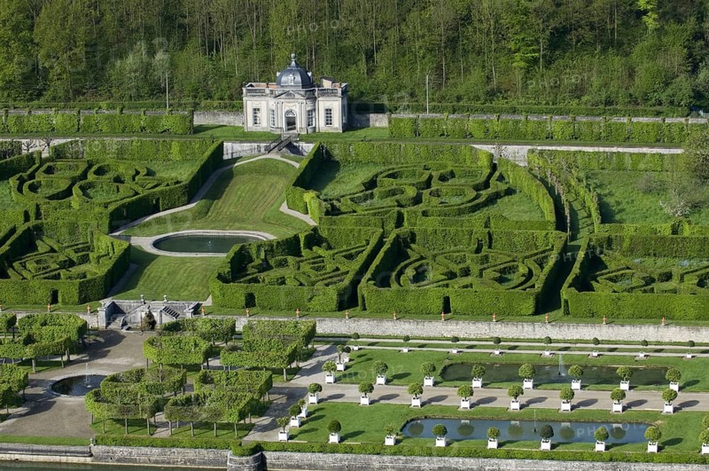 Pavilion in the gardens, park of the castle of Freyr near the river Meuse, Belgium, Europe