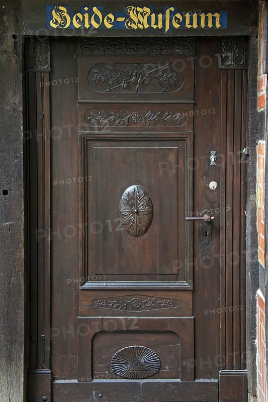 Old wooden door of the Heidemuseum, Rischmannshof Heath Museum, open air museum at Walsrode, Lueneburg Heath, Lunenburg Heathland, Lower Saxony, Germany, Europe