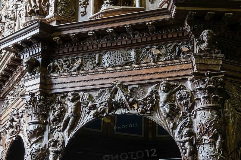 Renaissance-style carved canopy of the baptismal font, Enclos Paroissial enclosed parish of Guimiliau, Finistere Penn ar Bed department, Brittany Breizh region, France, Europe