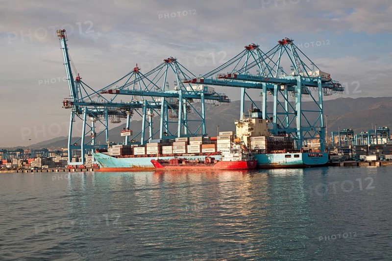 Large cranes at APM Terminals loading container ships port at Algeciras, Cadiz Province, Spain, Europe