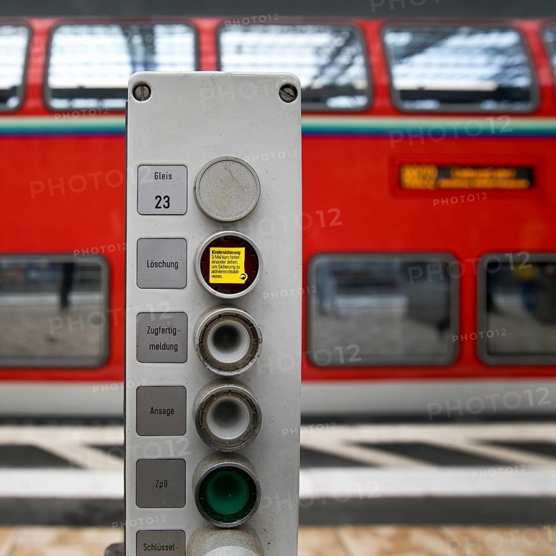 Railway technology on track 23 in front of a blurred double-decker local train, Frankfurt am Main Central Station, Hesse, Germany, Europe