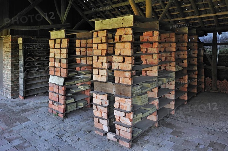 Drying yard with bricks and tiles in shelves at brickworks, Boom, Belgium, Europe