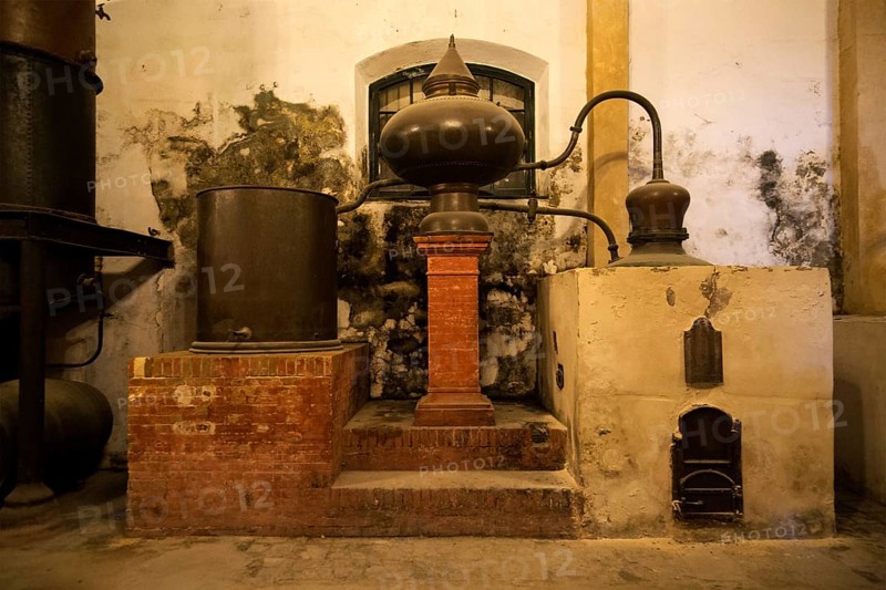 Old distilling equipment for brandy cognac production in Gonzalez Byass bodega, Jerez de la Frontera, Cadiz province, Spain, Europe