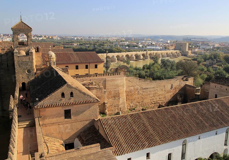 View to Roman bridge and river Rio Guadalquivir from Alcazar, Cordoba, Spain, Alcazar de los Reyes Cristianos, Europe