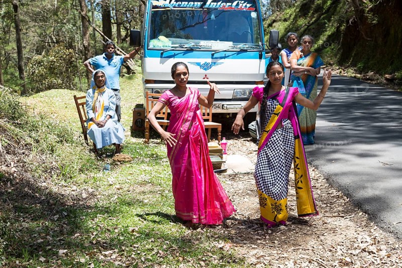 Two young women dancing in traditional saris, near Nuwara Eliya, Sri Lanka, Asia
