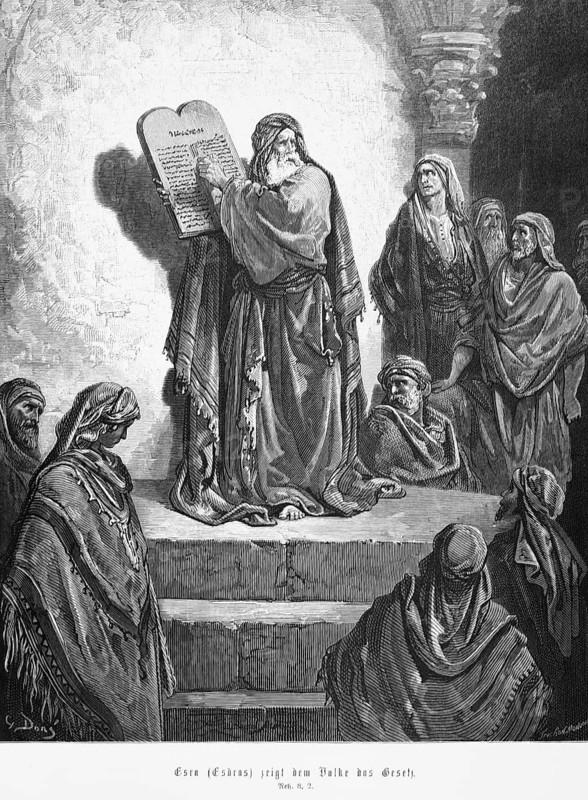 Ezra shows the people the law, Nehemiah, chapter 8, group, steps, stone tablet, scripture, explain, Bible, Old Testament, historical illustration