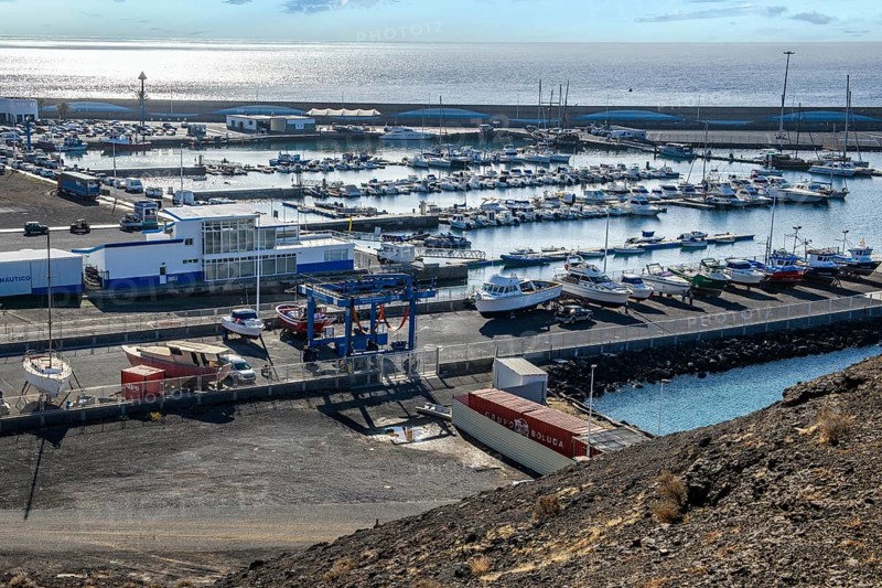 View of harbour basin old marina harbour for sports boats yachts yachts of holiday resort Morro Jable, in the background harbour wall, behind it Atlantic Ocean, Morro Jable, Jandia peninsula, Fuerteventura, Canary Islands, Canary Islands, Spain, Europe