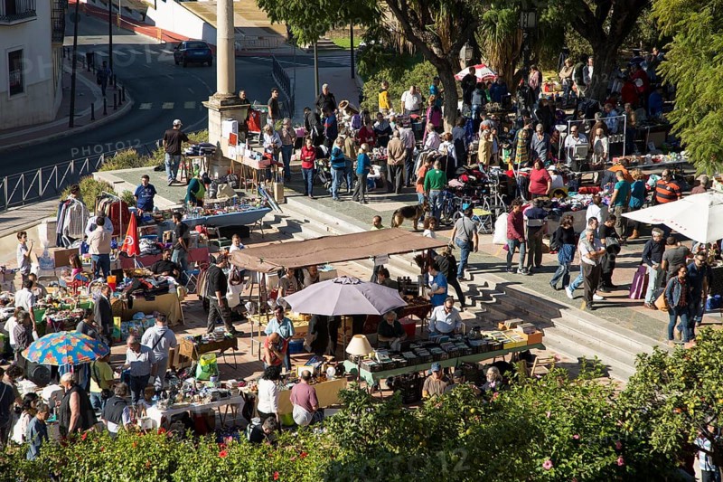 High angle view of people at street market, Jerez de la Frontera, Spain, Europe