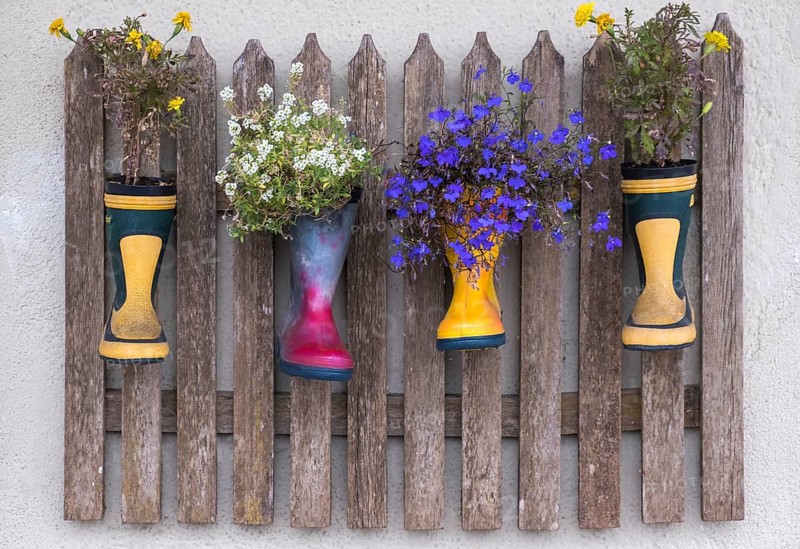 Decoration with wooden fence and flowers in rubber boots, South Tyrol, Italy, Europe