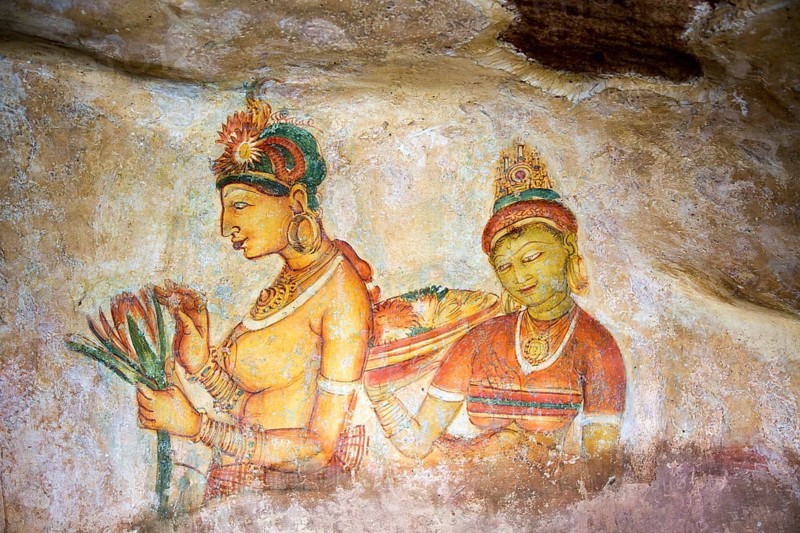 Rock painting frescoes of maidens in the palace fortress, Sigiriya, Central Province, Sri Lanka, Asia
