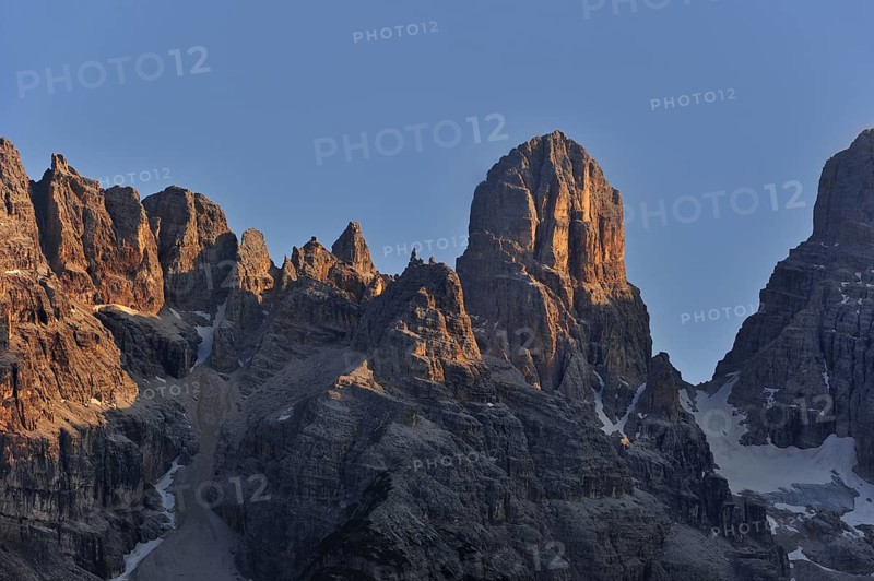 Alpenglow at sunset over the mountain Monte Cristallo in the Dolomites, Italy, Europe