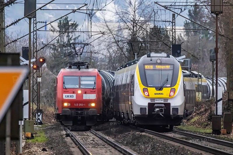 Railway line near Stuttgart with regional train from bwegt, SWEG. RBH Logistics goods train, class BR145 locomotive, Stuttgart, Baden-Wuerttemberg, Germany, Europe