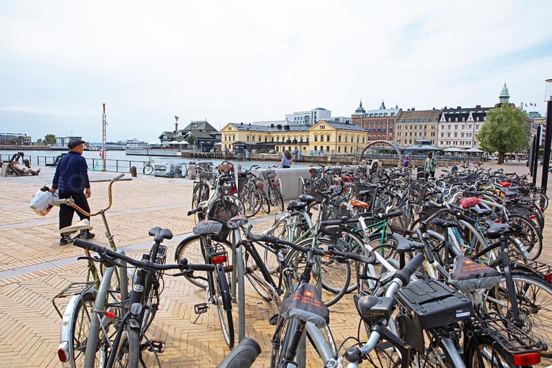 Parked bicycles in Helsingborg, Skane laen, Sweden, Europe