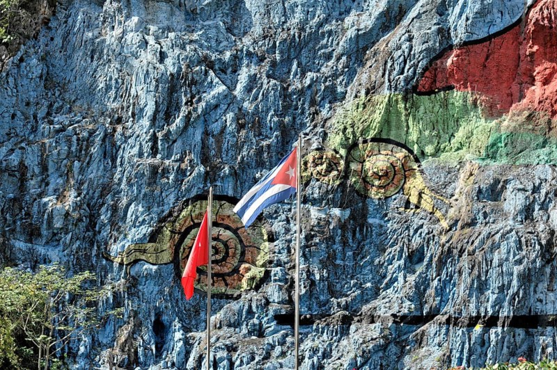 Detail, Mural de la Prehistoria, prehistoric wall, painted in 1961 by Mexican artist Leovigildo Gonzalez Morillo, size 120x180 metres, Vinales, Unesco World Heritage Site, Pinar del Rio Province, Cuba, Central America
