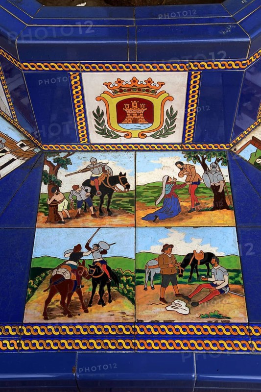 Ceramic tiles on street furniture seat scenes from Cervantes Don Quixote story, Algeciras, Spain, Europe