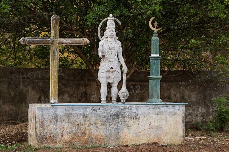Symbols for three religions, Christian cross, Hindu monkey god Hanuman, Islamic crescent, Andhra Pradesh, India, Asia