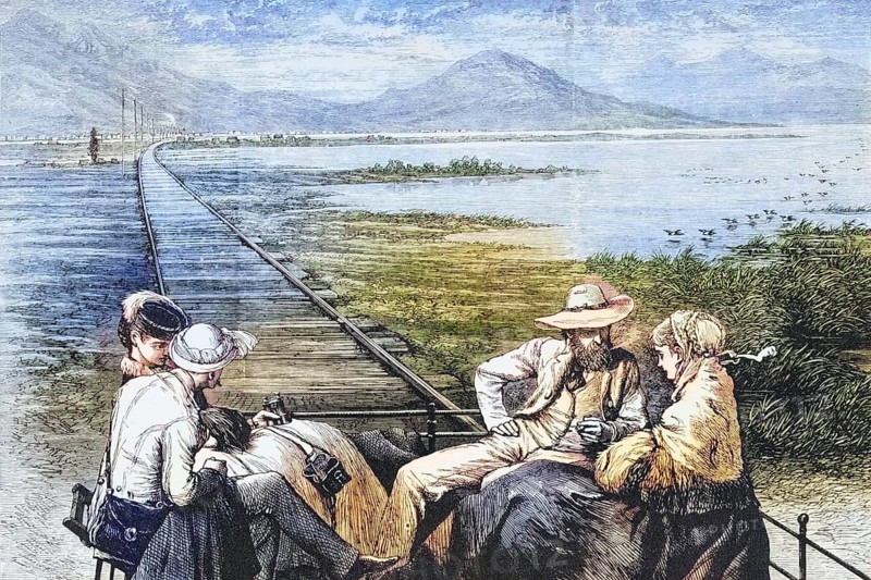 Inspection car of the Pacific Railway on the way to the Great Salt Lake. From American Pictures Drawn With Pen And Pencil by Rev Samuel Manning c. 1880, United States, America, Historic, digitally restored reproduction from a 19th century original, Record date not stated, North America