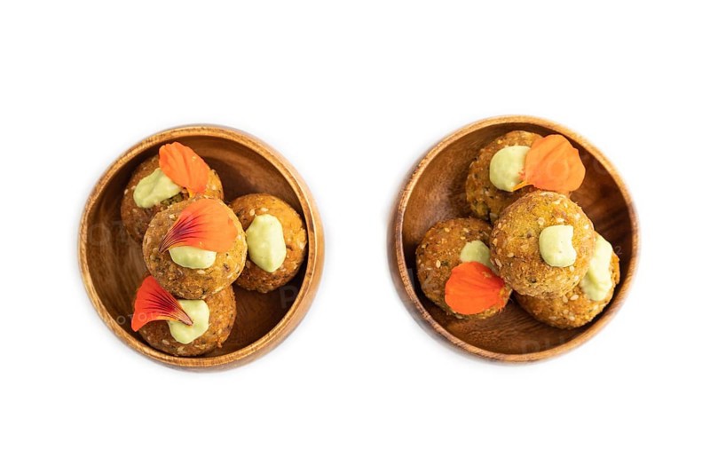 Falafel with guacamole isolated on white. Top view, flat lay, close up
