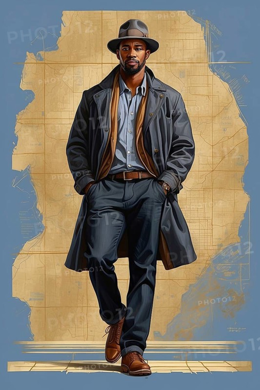 Portrait of american african 40s year old man cat walk pose wear jeans jacket and plain shirt ai generated, AI generated