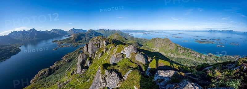 Panorama, view of Raftsund fjord and mountains, archipelago islands in the sea, view from the summit of Dronningsvarden or Stortinden, Sonnenstern, Vesteralen, Norway, Europe