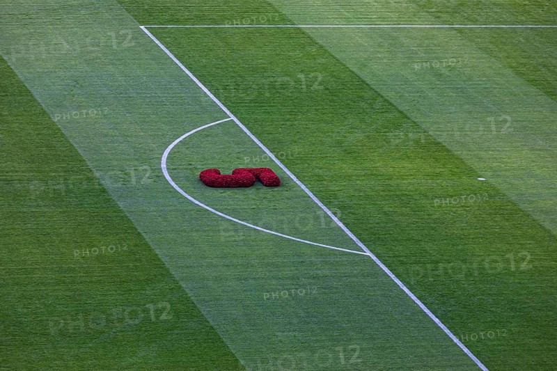 Symbolic shirt number 5 as a flower arrangement on the lawn of the Allianz Arena in honour of Franz Beckenbauer, FC Bayern Munich funeral service for Franz Beckenbauer, Allianz Arena, Froettmaning, Munich, Upper Bavaria, Bavaria