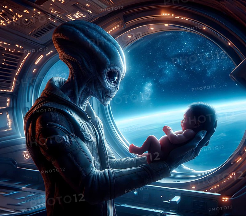 Science fiction, space travel, an extraterrestrial alien looks at a human baby in a UFO, a flying saucer, AI generated, AI generated