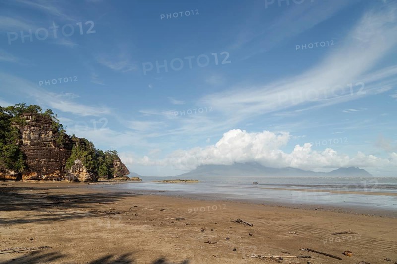 Cliff in Bako national park, sunny day, blue sky and sea. Vacation, travel, tropics concept, no people, Malaysia, Kuching, Asia